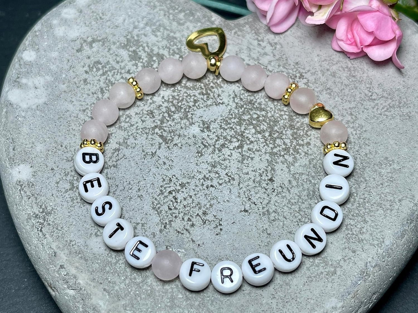 Armband Beste Freundin Rosenquarz - Herz DQ Gold - Perlenarmband Freundschaft Liebe Lieblingsmensch Mama Mädchenarmband - Wunsch Edelstein