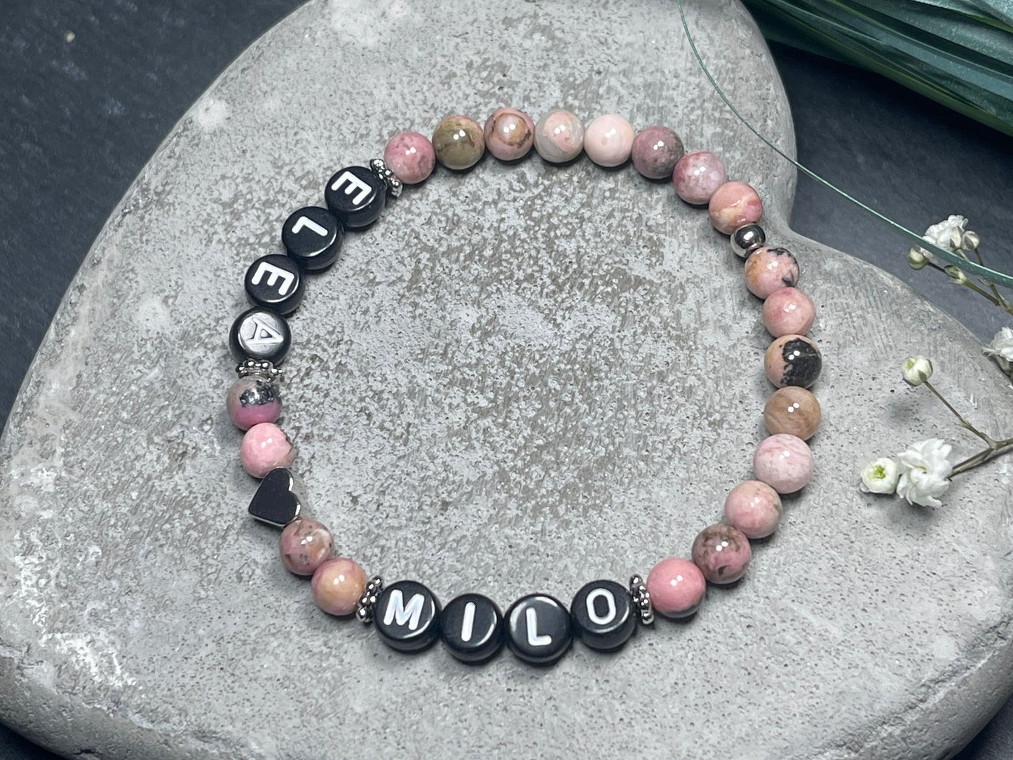 Perlenarmband Rhodonit - Kindernamen - Herz echt Platiniert - Namensarmband Liebe Geschenk Baby Geburt - Turmalin Apatit Rosa Opal uvm.