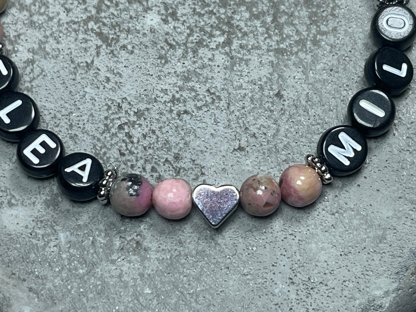 Perlenarmband Rhodonit - Kindernamen - Herz echt Platiniert - Namensarmband Liebe Geschenk Baby Geburt - Turmalin Apatit Rosa Opal uvm.