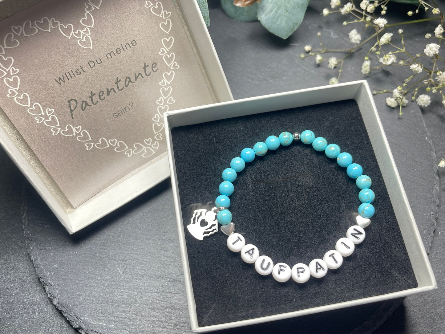 Armband Patentante Türkis Herz - Geschenk Patenschaft Andenken Taufe Taufgeschenk Willst du Patin sein - viele Edelsteine - personalisierbar