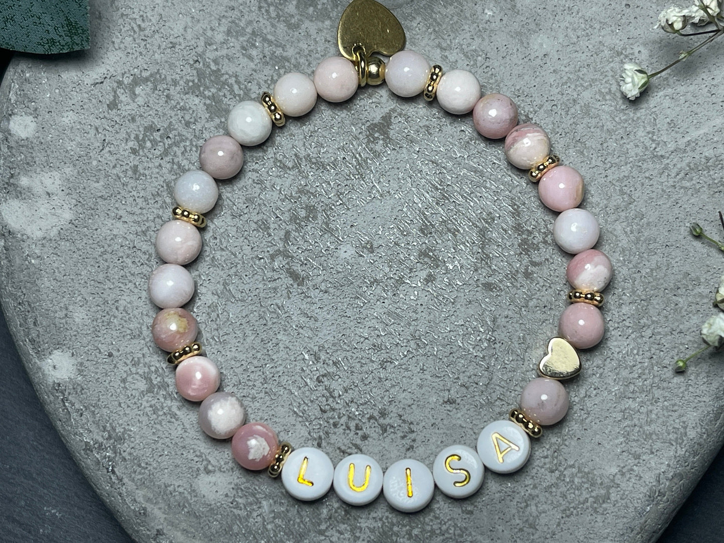 Armband mit Namen Rosa Opal - Kindernamen - Herz echt Vergoldet - Geschenk für Mama Lieblingsmensch Beste Freundin - pesonalisierbar