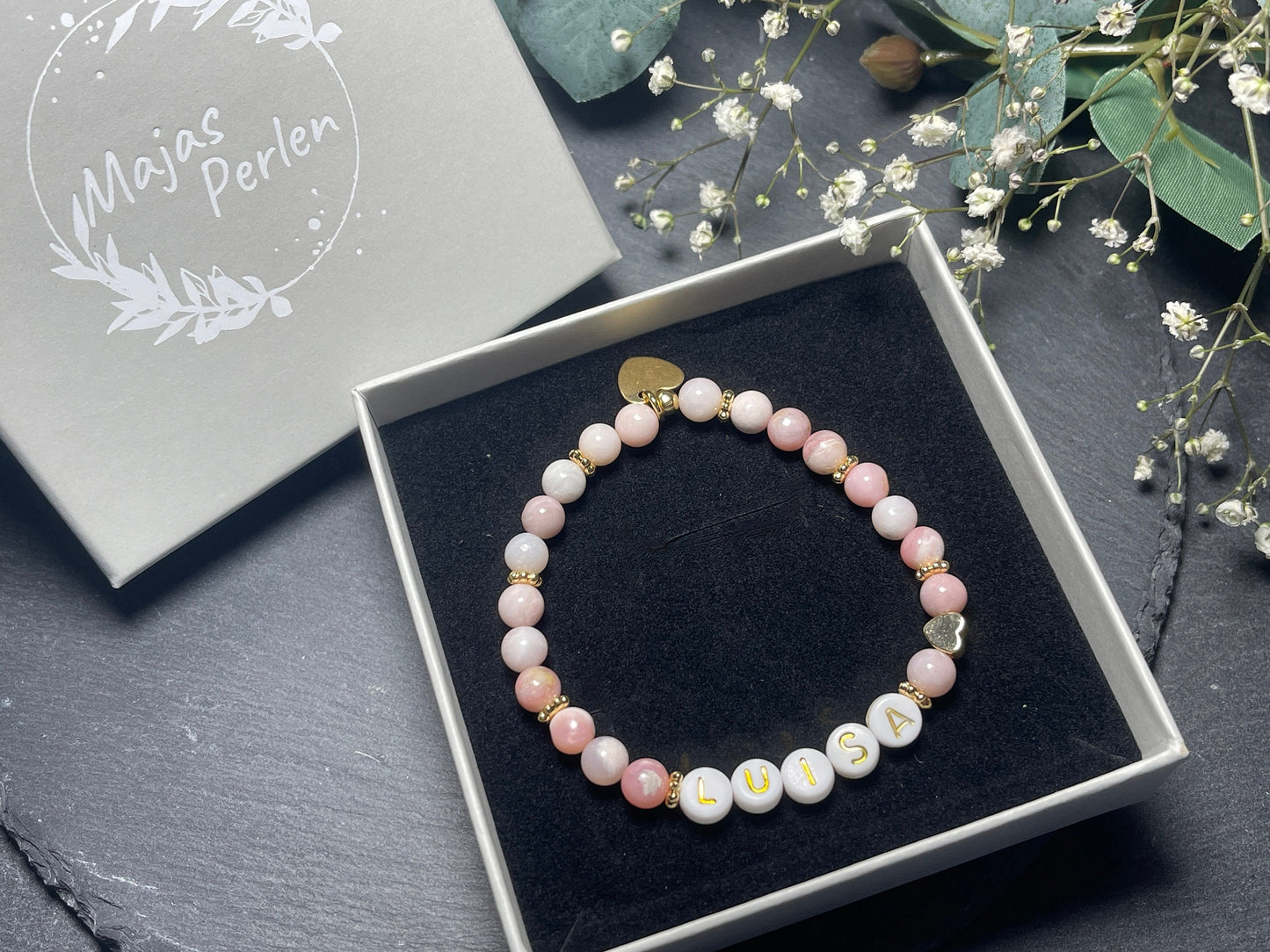Armband mit Namen Rosa Opal - Kindernamen - Herz echt Vergoldet - Geschenk für Mama Lieblingsmensch Beste Freundin - pesonalisierbar
