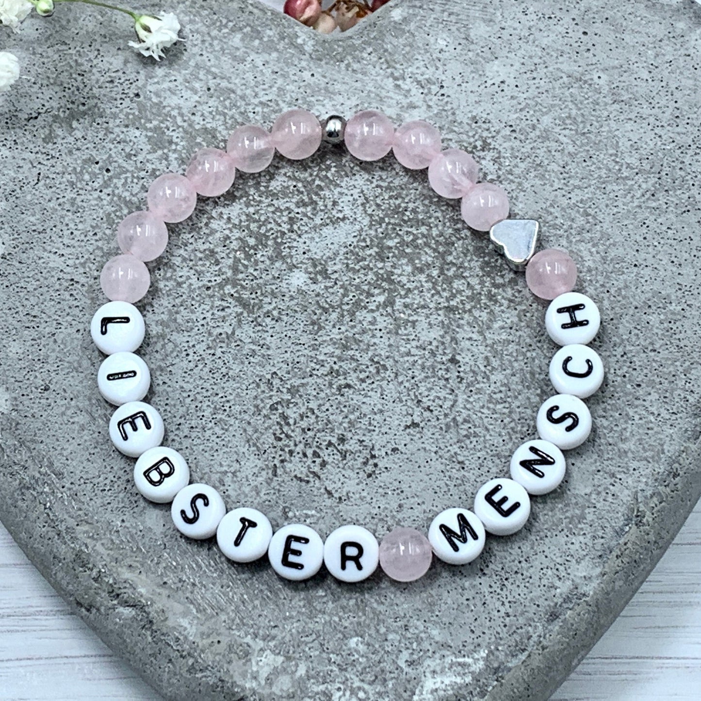 Armband Rosenquarz liebster Mensch - Herz echt platiniert - Geschenk Lieblingsmensch Liebe - Perlenarmband mit Namen - viele Edelsteine