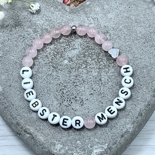 Armband Rosenquarz liebster Mensch - Herz echt platiniert - Geschenk Lieblingsmensch Liebe - Perlenarmband mit Namen - viele Edelsteine