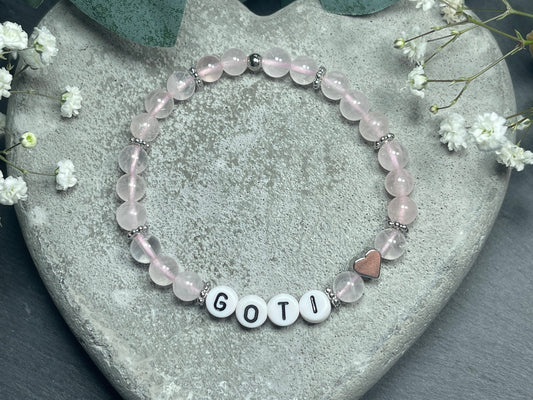 Armband Rosenquarz Goti Patentante - Herz Platiniert - Geschenk Frage Patenschaft für Goti Patin Madrina - Perlenarmband personalisiert
