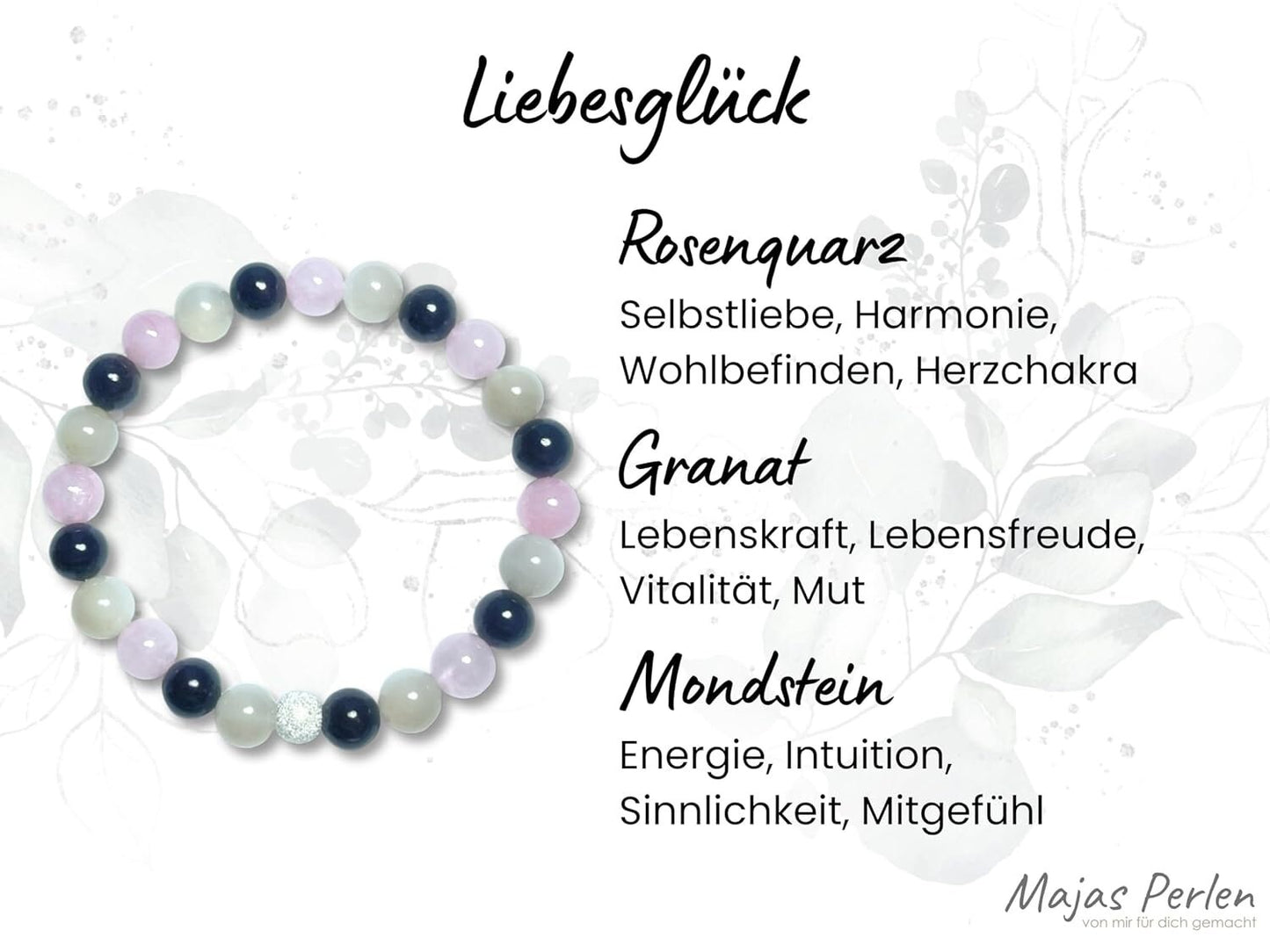 Armband Liebesglück Rosenquarz Mondstein Granat echt 8mm mit 925er Sterling Silber Gold Roségold 7mm facettiert - Handmade Perlenarmband