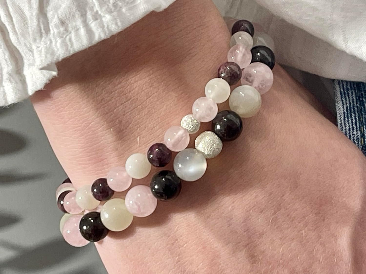 Armband Liebesglück Rosenquarz Mondstein Granat echt 8mm mit 925er Sterling Silber Gold Roségold 7mm facettiert - Handmade Perlenarmband