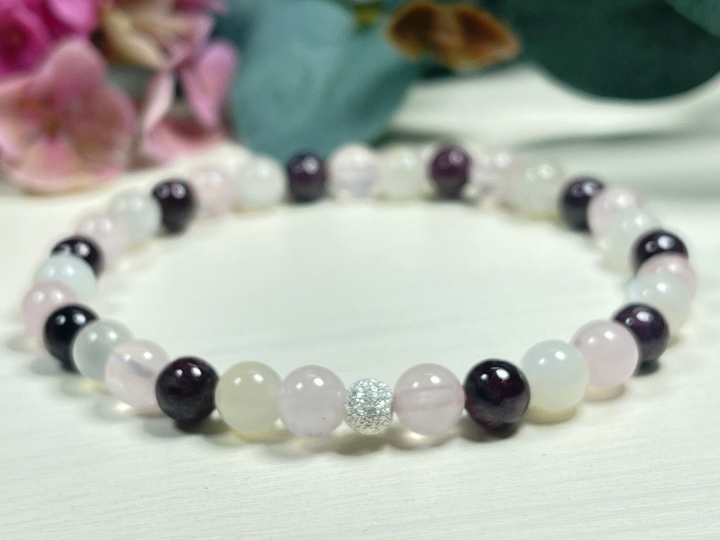 Armband Liebesglück Rosenquarz Mondstein Granat echt 6mm mit 925er Sterling Silber Gold Roségold 5mm facettiert - Handmade Perlenarmband