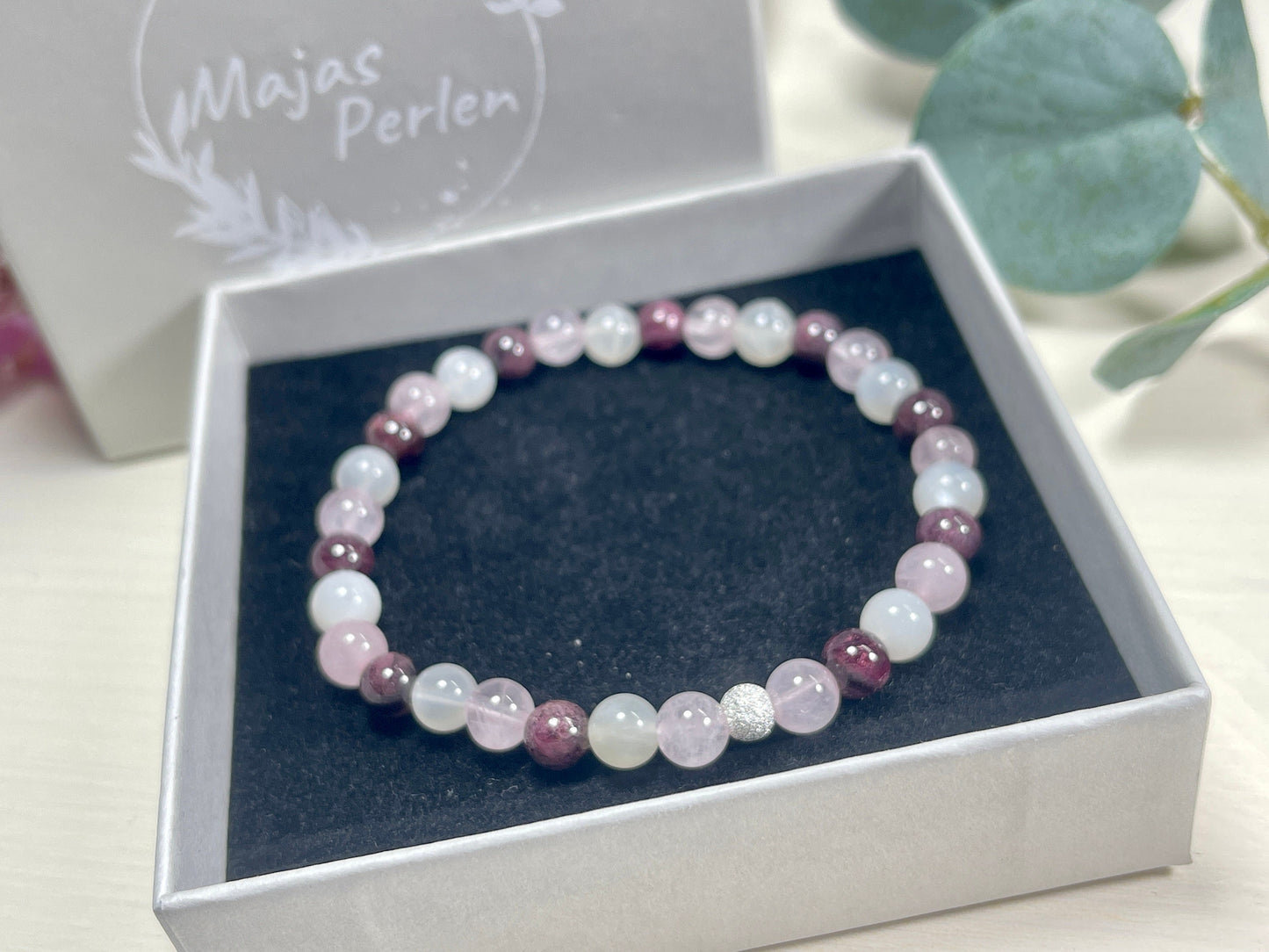 Armband Liebesglück Rosenquarz Mondstein Granat echt 6mm mit 925er Sterling Silber Gold Roségold 5mm facettiert - Handmade Perlenarmband