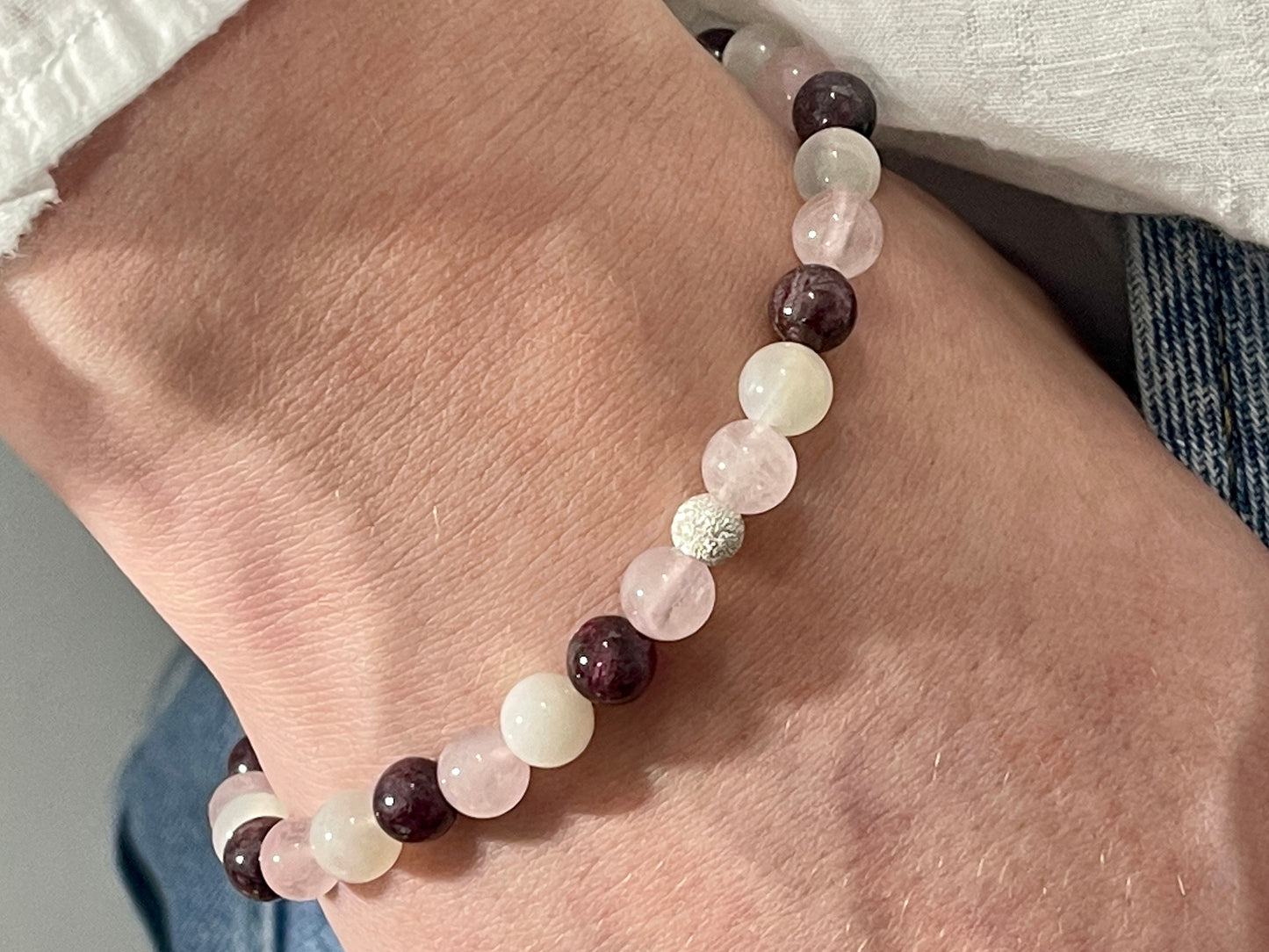 Armband Liebesglück Rosenquarz Mondstein Granat echt 6mm mit 925er Sterling Silber Gold Roségold 5mm facettiert - Handmade Perlenarmband