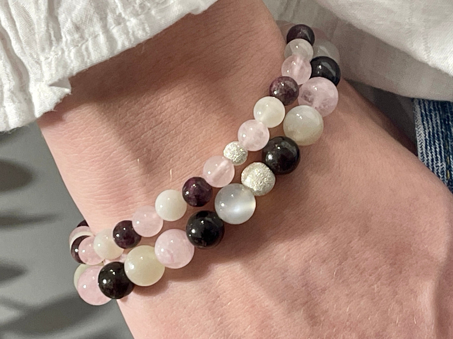 Armband Liebesglück Rosenquarz Mondstein Granat echt 6mm mit 925er Sterling Silber Gold Roségold 5mm facettiert - Handmade Perlenarmband