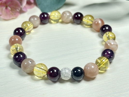 Armband Kreativität Citrin Sonnenstein Granat echt 8mm mit 925er Sterling Silber Gold Roségold 7mm facettiert - Handmade Perlenarmband