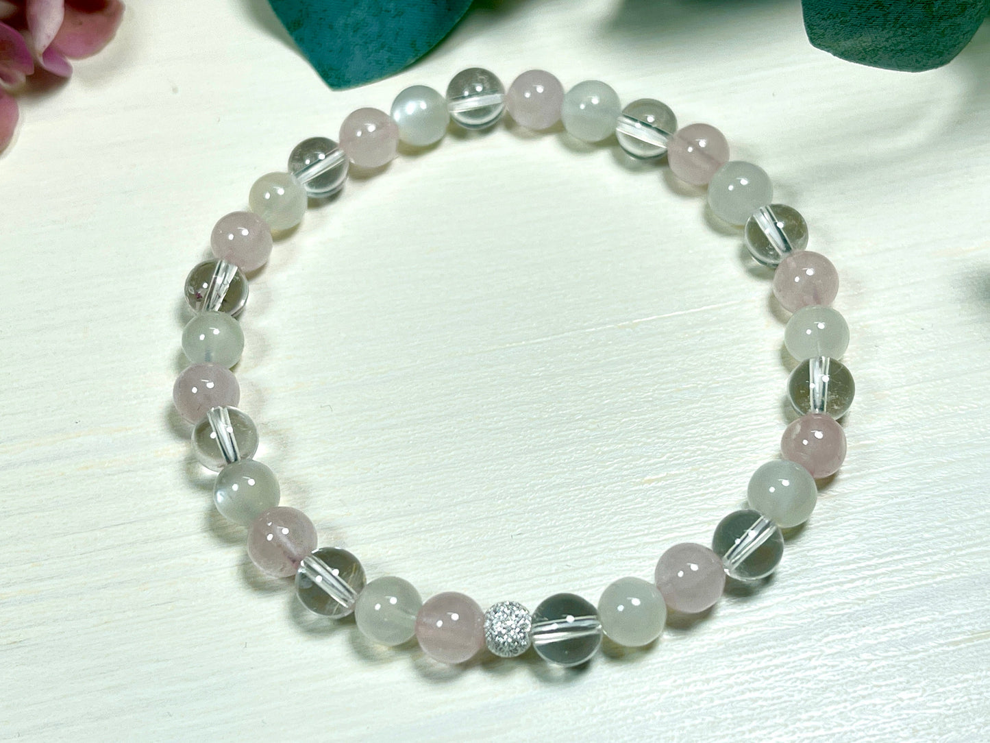 Armband Wechseljahre Mondstein Rosenquarz Bergkristall echt 6mm mit 925er Sterling Silber Gold Roségold 5mm facettiert - Handmade