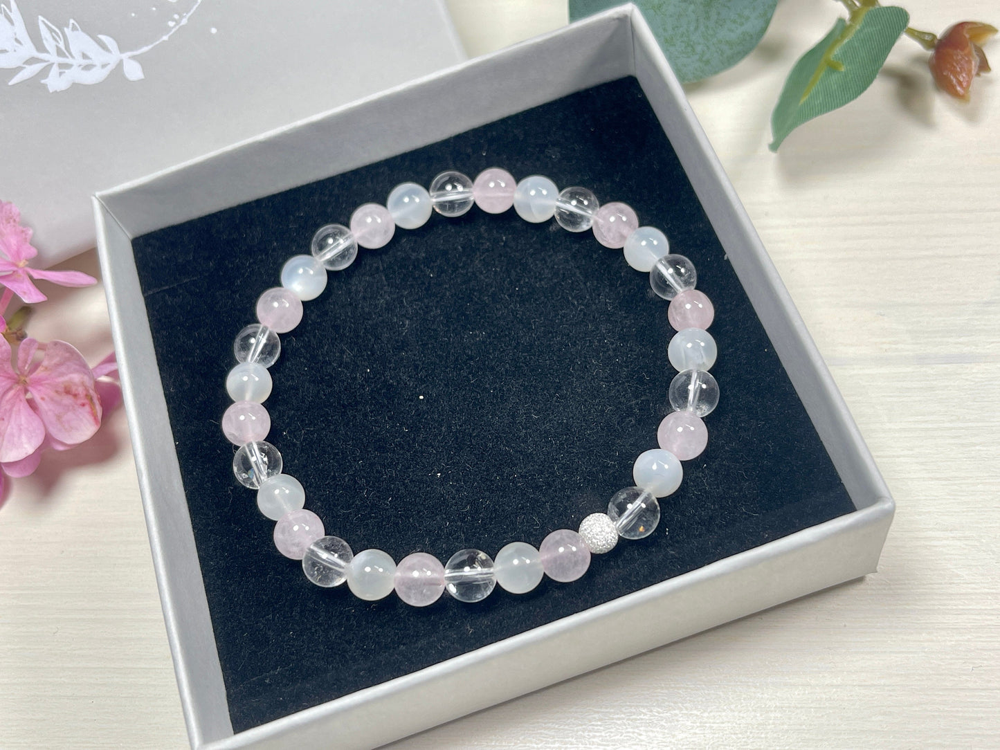 Armband Wechseljahre Mondstein Rosenquarz Bergkristall echt 6mm mit 925er Sterling Silber Gold Roségold 5mm facettiert - Handmade