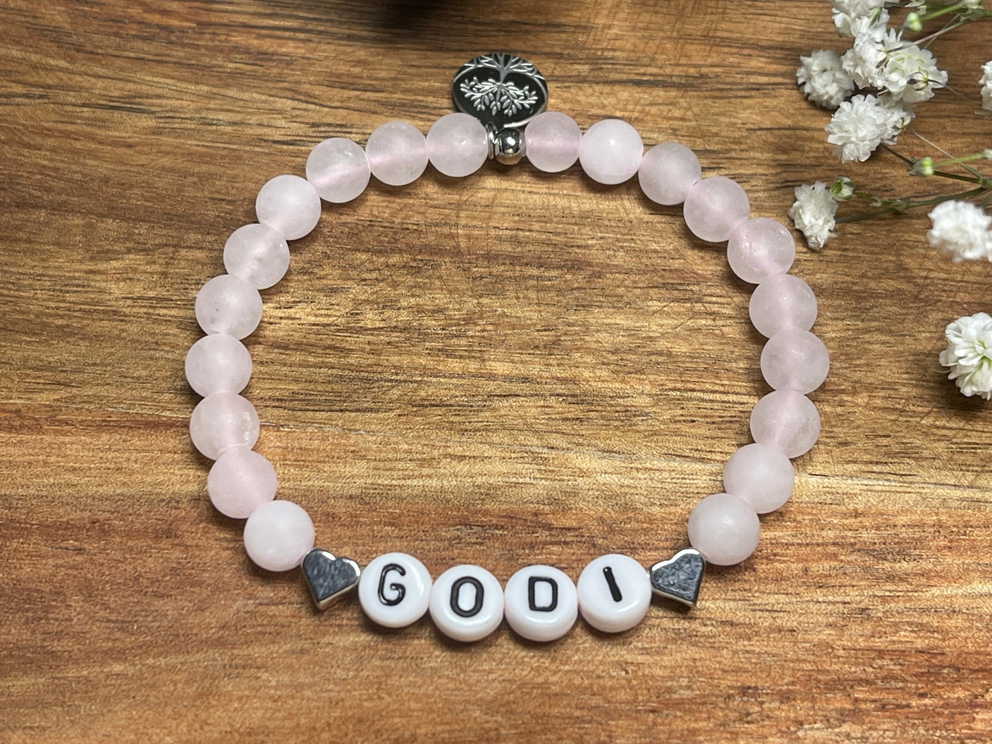 Armband Godi Rosenquarz Herz Platiniert - Geschenk für Patin Patenschaft Taufgeschenk Andenken an Taufe - viele Edelsteine personalisierbar