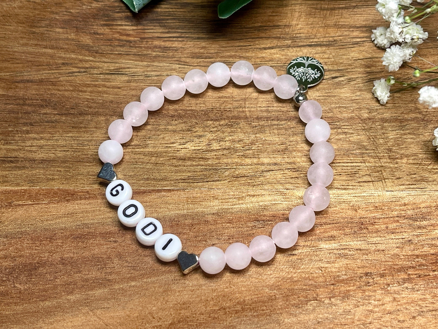 Armband Godi Rosenquarz Herz Platiniert - Geschenk für Patin Patenschaft Taufgeschenk Andenken an Taufe - viele Edelsteine personalisierbar