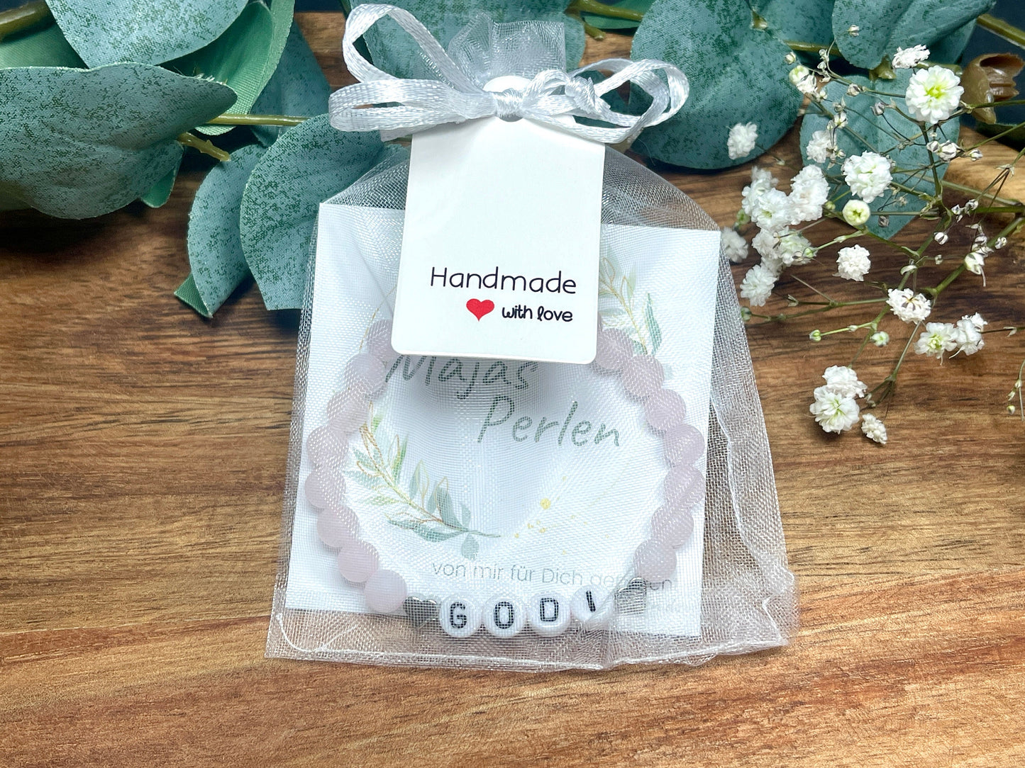 Armband Godi Rosenquarz Herz Platiniert - Geschenk für Patin Patenschaft Taufgeschenk Andenken an Taufe - viele Edelsteine personalisierbar