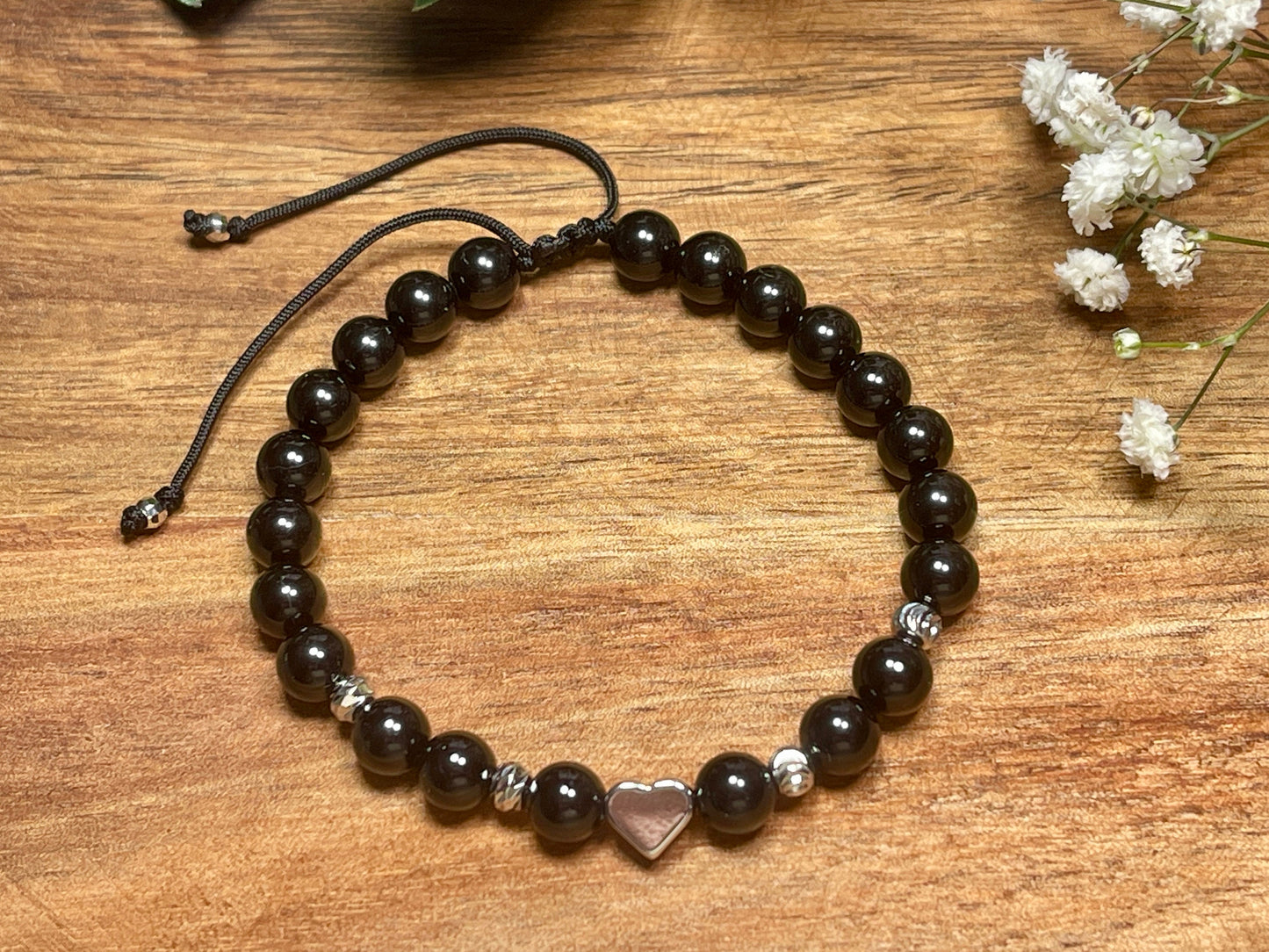 Perlenarmband Turmalin Makramee - Herz Perle echt Platiniert - Perlenarmband starker Schutzstein - personalisierbar - viele Edelsteine