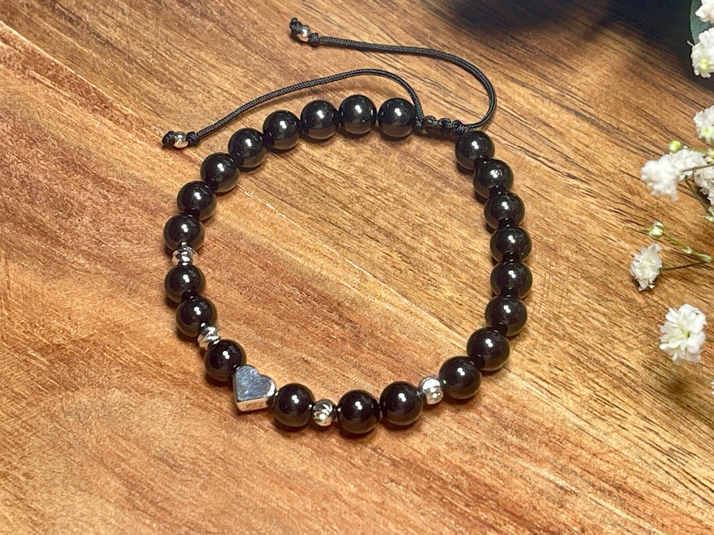 Perlenarmband Turmalin Makramee - Herz Perle echt Platiniert - Perlenarmband starker Schutzstein - personalisierbar - viele Edelsteine