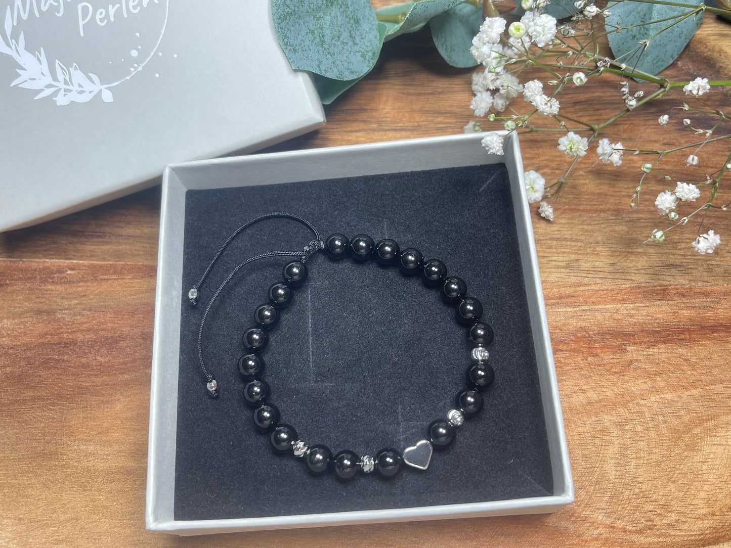 Perlenarmband Turmalin Makramee - Herz Perle echt Platiniert - Perlenarmband starker Schutzstein - personalisierbar - viele Edelsteine