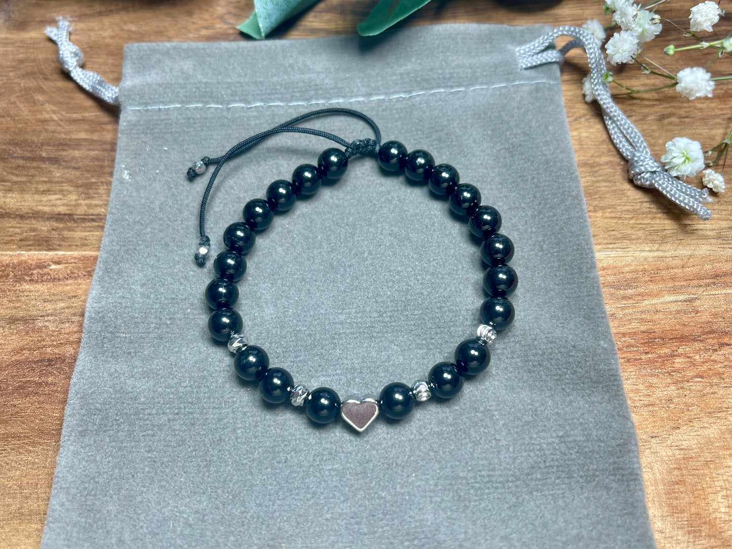Perlenarmband Turmalin Makramee - Herz Perle echt Platiniert - Perlenarmband starker Schutzstein - personalisierbar - viele Edelsteine