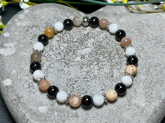 Armband Turmalin Mondstein Sonnenstein Perlen echt Platiniert - spirituelles Perlenarmband positive Energie Optimismus Schutz Freude