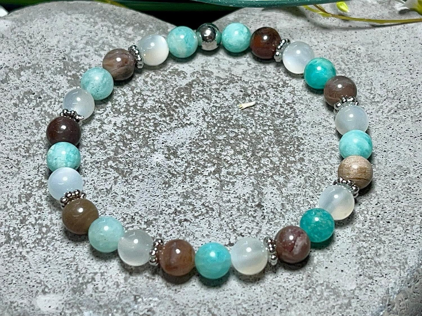 Armband Amazonit Versteinertes Holz Mondstein Perlen echt Platiniert - spirituelles Perlenarmband emotionale Balance Erdung Stabilität