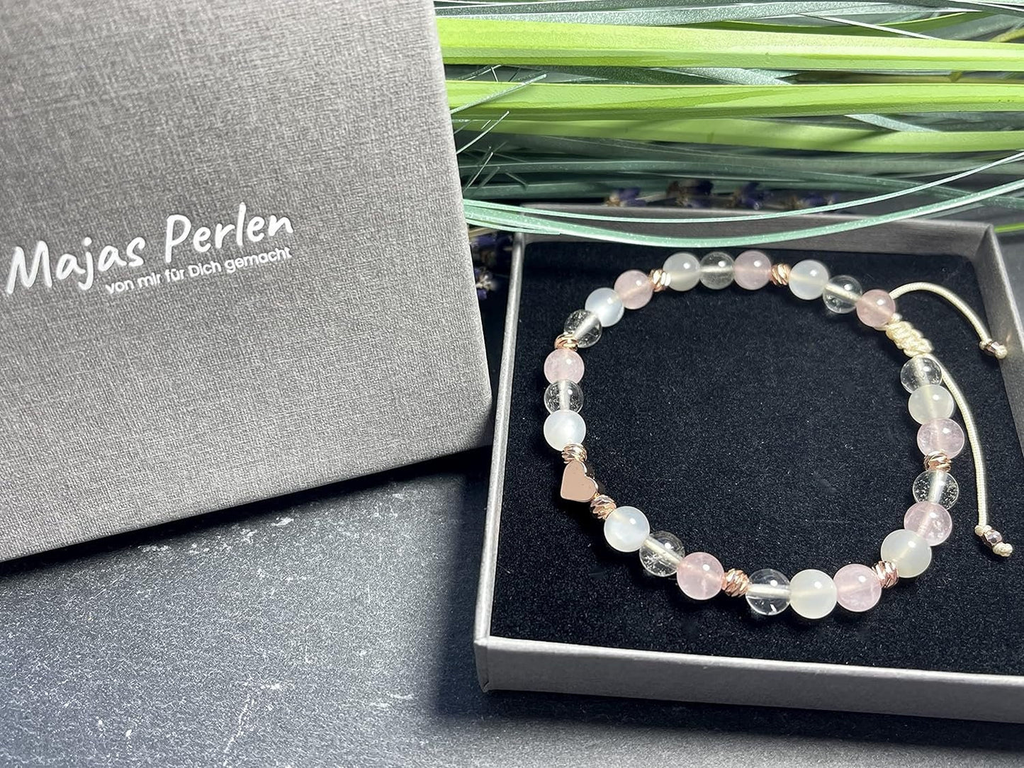 Armband Mondstein Bergkristall Rosenquarz Makramee - Facettenperlen Roségold plated - spirituelles Perlenarmband positive Energie Liebe