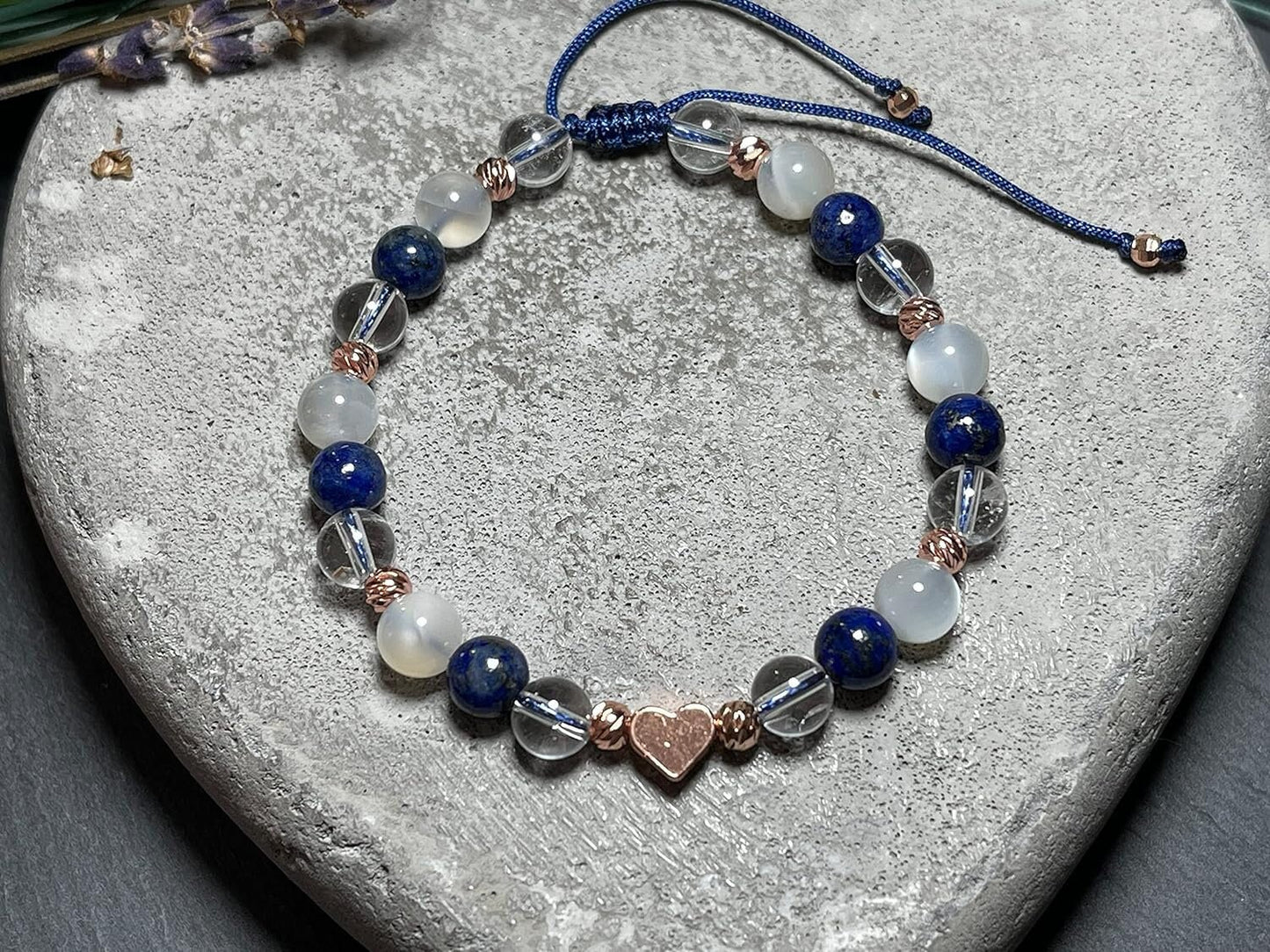 Armband Mondstein Bergkristall Lapislazuli Makramee Facettenperlen Roségold plated - spirituelles Perlenarmband innere Ruhe Stabilität