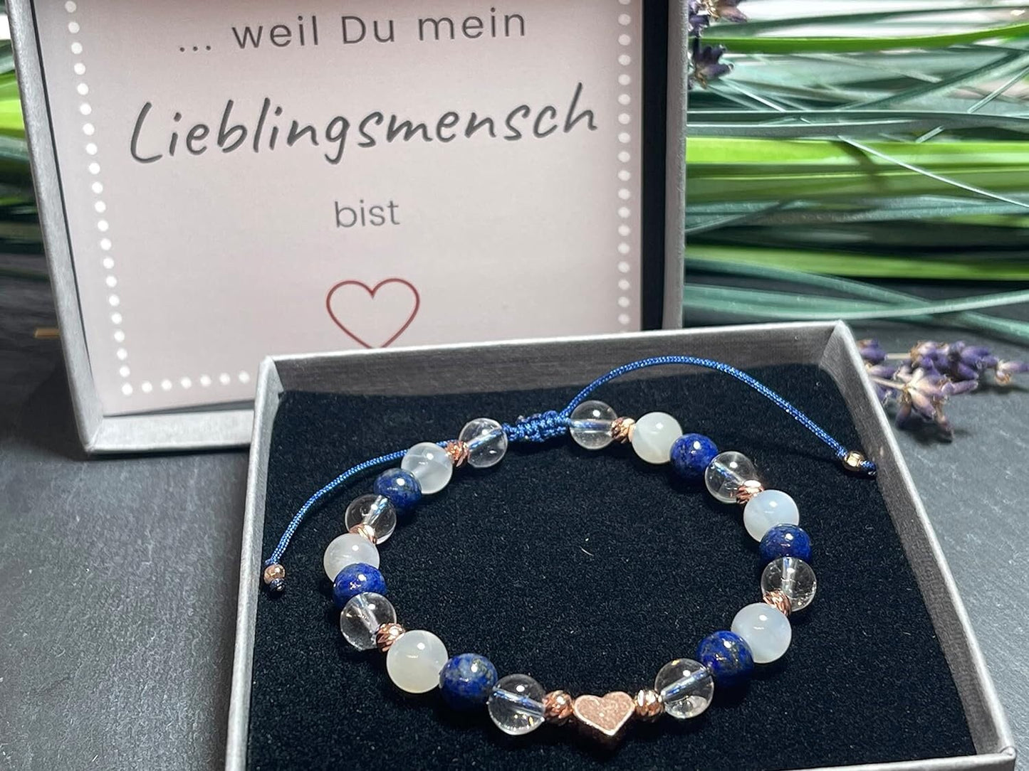 Armband Mondstein Bergkristall Lapislazuli Makramee Facettenperlen Roségold plated - spirituelles Perlenarmband innere Ruhe Stabilität