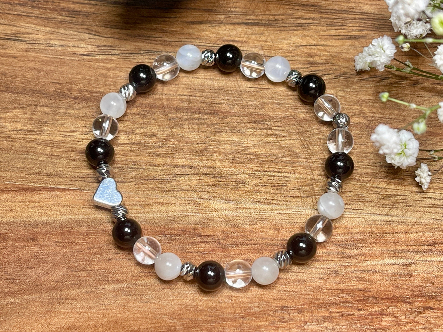 Armband Turmalin Bergkristall Mondstein Perlen echt platiniert - spirituelles Perlenarmband Schutz vor negativen Energien Klarheit