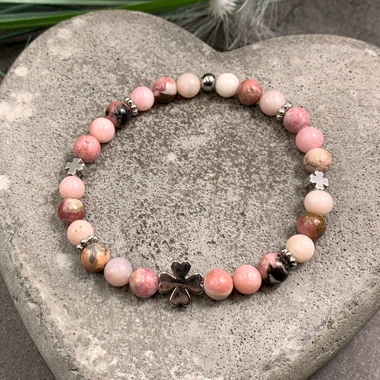 Glücksarmband Rhodonit Kleeperlen Daisyperlen echt platiniert - Geschenk Liebe Mut Schutz Glück - Edelstein wählbar - Glücksarmband