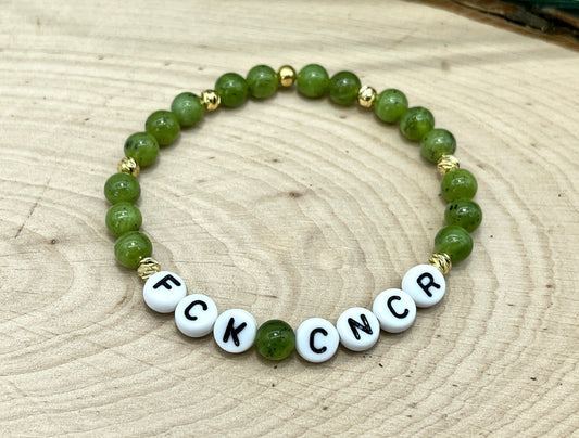 Armband Fuck Cancer Jade Perlen Gelbgold plated - Geschenk Diagnose Krebs Glücksbringer Perlenarmband Mutmach  - viele Edelsteine