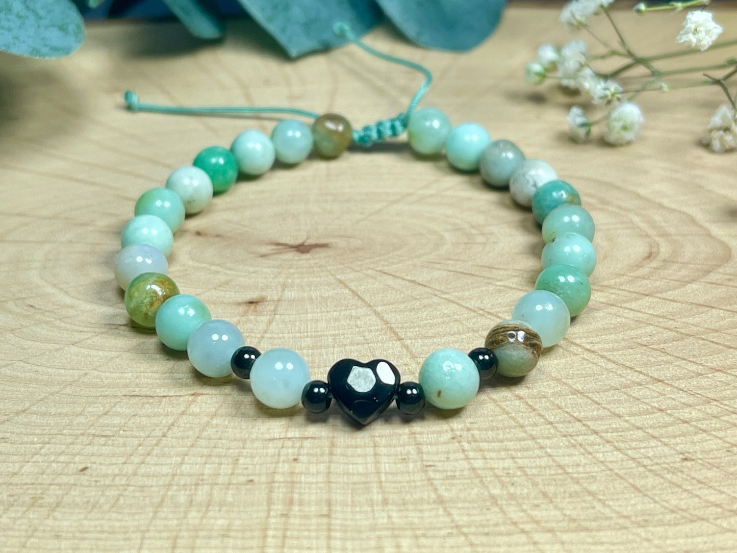 Armband Chrysopras Herz Edelstahl Ionisiert Makramee verstellbar - Perlenarmband Harmonie Vertrauen Geborgenheit- Spiritueller Schmuck
