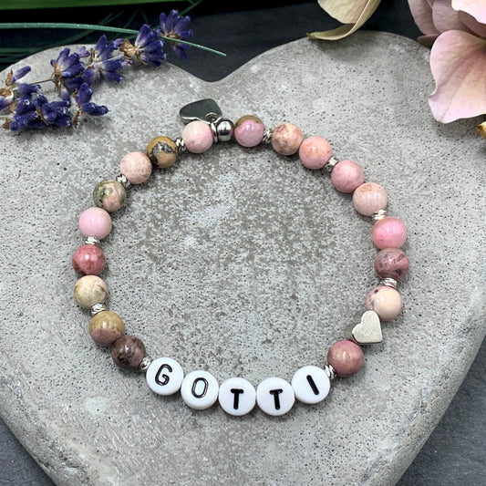 Armband Rhodonit Gotti Herz Platiniert -  Geschenk Patenschaft und Taufe Erinnerungsarmband - Willst Du Patentante sein? - viele Edelsteine