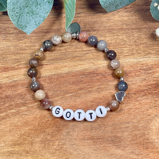 Armband Versteinertes Holz Gotti Herz Platiniert -  Geschenk Patenschaft und Taufe Erinnerungsarmband - Willst Du Patentante sein?