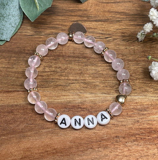 Armband Name Rosenquarz gold -  Herz Gold DQ - Geschenk Schwangerschaft Baby Geburt Mädchenarmband Lieblingsmensch Mama