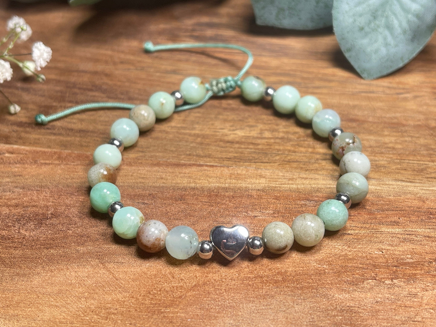 Armband Chrysopras Herz Edelstahl Silber Makramee verstellbar - Perlenarmband Harmonie Vertrauen Geborgenheit- Spiritueller Schmuck