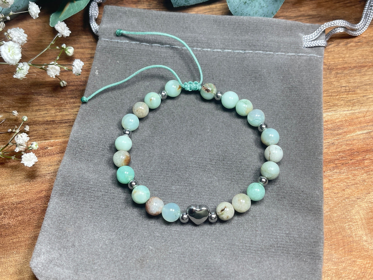 Armband Chrysopras Herz Edelstahl Silber Makramee verstellbar - Perlenarmband Harmonie Vertrauen Geborgenheit- Spiritueller Schmuck