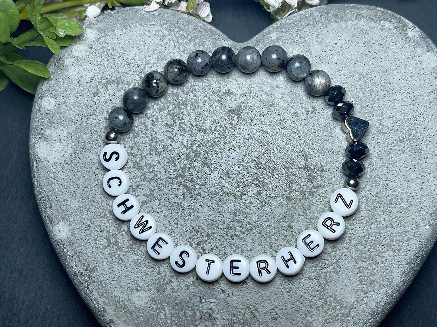 Armband Große Schwester Labradorit Herz platiniert - Geschenk Familie Geburt Geschwisterkind Little Sister Bruder - diverse Edeslsteine