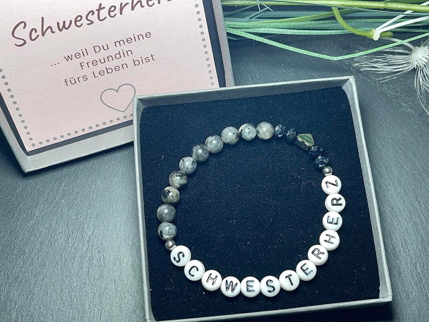 Armband Große Schwester Labradorit Herz platiniert - Geschenk Familie Geburt Geschwisterkind Little Sister Bruder - diverse Edeslsteine