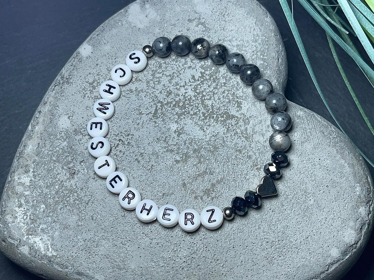 Armband Große Schwester Labradorit Herz platiniert - Geschenk Familie Geburt Geschwisterkind Little Sister Bruder - diverse Edeslsteine