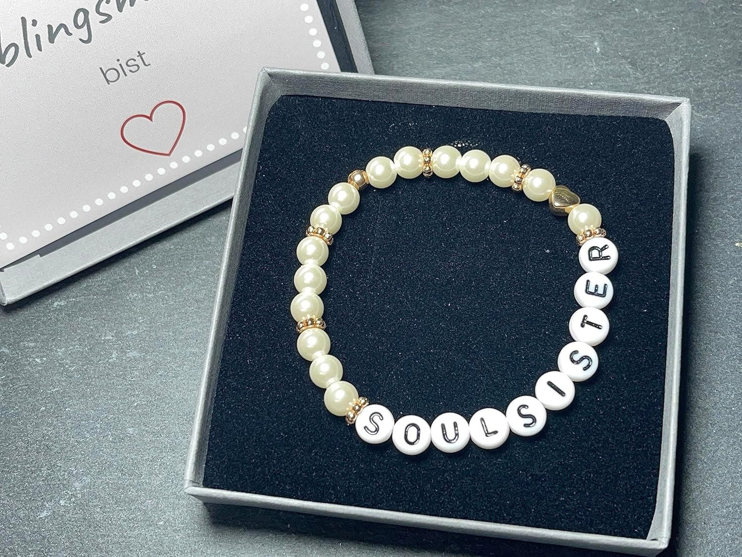 Perlenarmband Soulsister - hochwertig gewachste Glasperlen Perlmuttimitat - Geschenk Lieblingsmensch Seelenschwester - personalisierbar