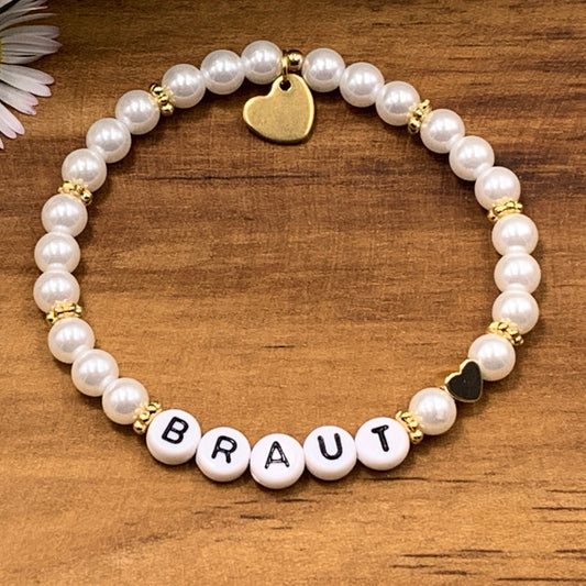Perlenarmband Braut gewachste Glasperlen Perlmuttimitat Gold - Geschenk Brautmama Brautjungfer Erinnerungsarmband Hochzeit