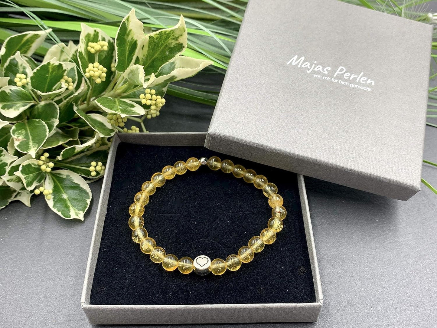 Armband Citrin echter Naturstein mit Herz DQ - Silber Gold Roségold Gunmetal - spirituelles Armband - Geschenk Liebe Glück Freundin