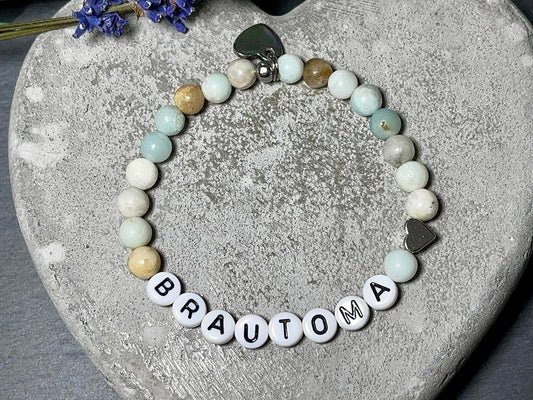 Armband Brautoma Amazonit  - Herz Platiniert - Perlenarmband Großmutterder Braut Brautmama Hochzeit - personalisierbar Edelstein wählbar