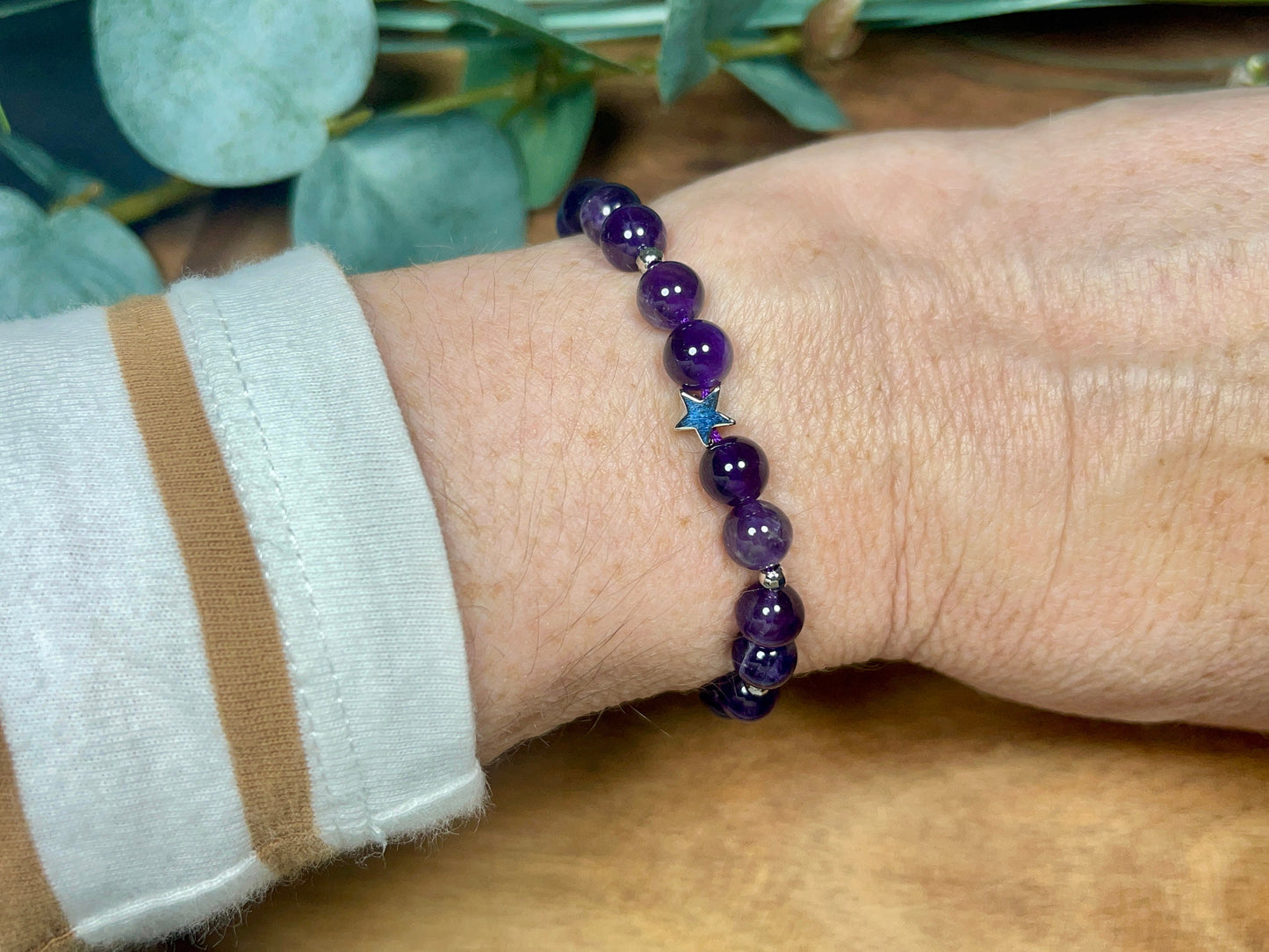 Perlenarmband Amethyst echter Naturstein Makramee - Sterne Facettenperlen platiniert - Geschenk Lieblingsmensch - verschiedene Edelsteine