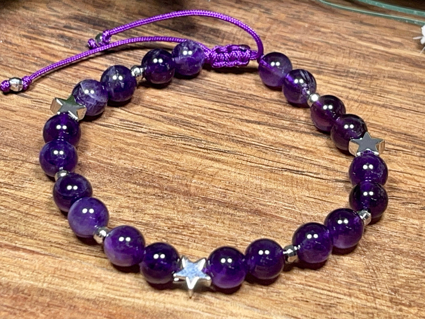 Perlenarmband Amethyst echter Naturstein Makramee - Sterne Facettenperlen platiniert - Geschenk Lieblingsmensch - verschiedene Edelsteine