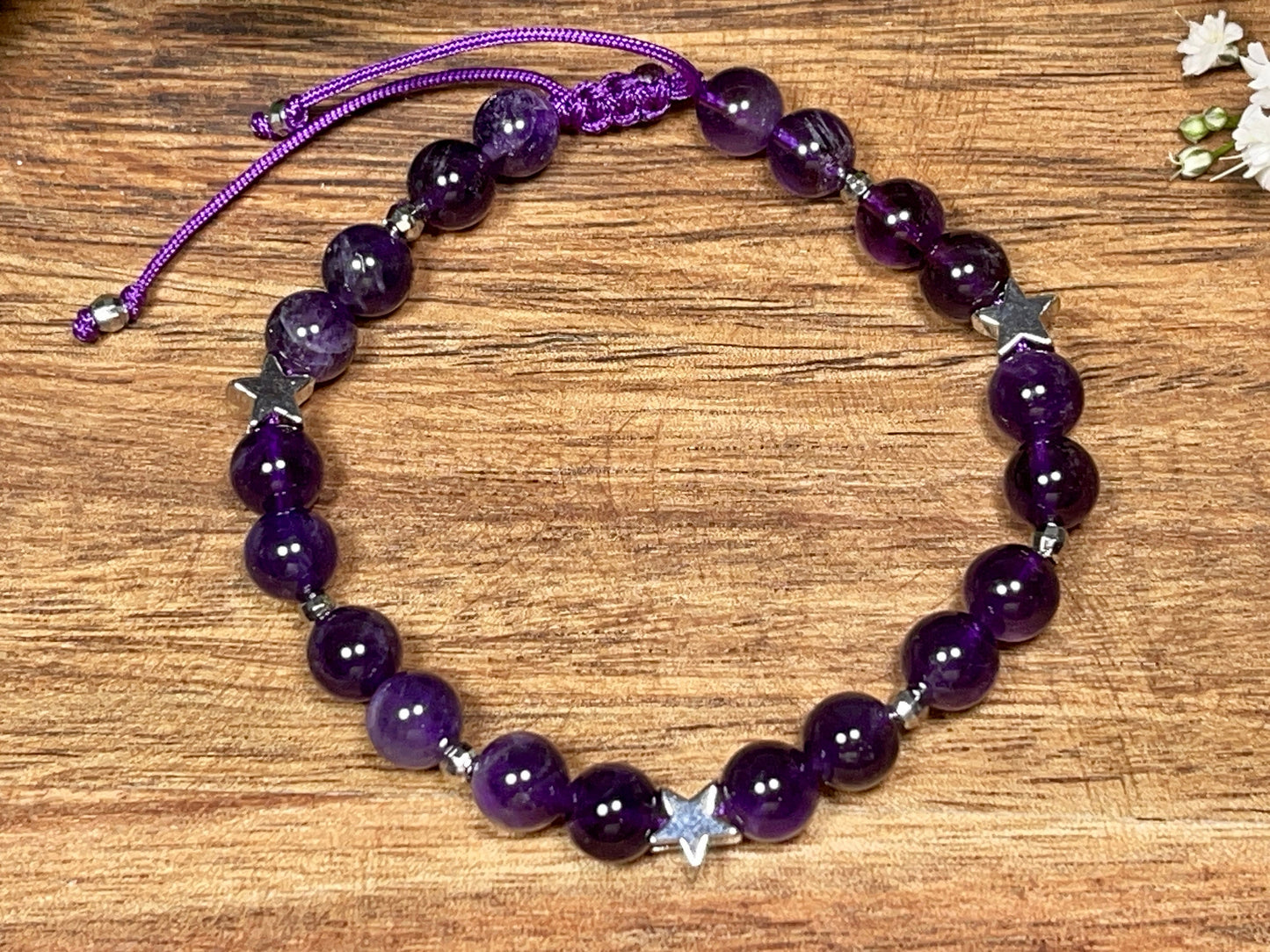 Perlenarmband Amethyst echter Naturstein Makramee - Sterne Facettenperlen platiniert - Geschenk Lieblingsmensch - verschiedene Edelsteine