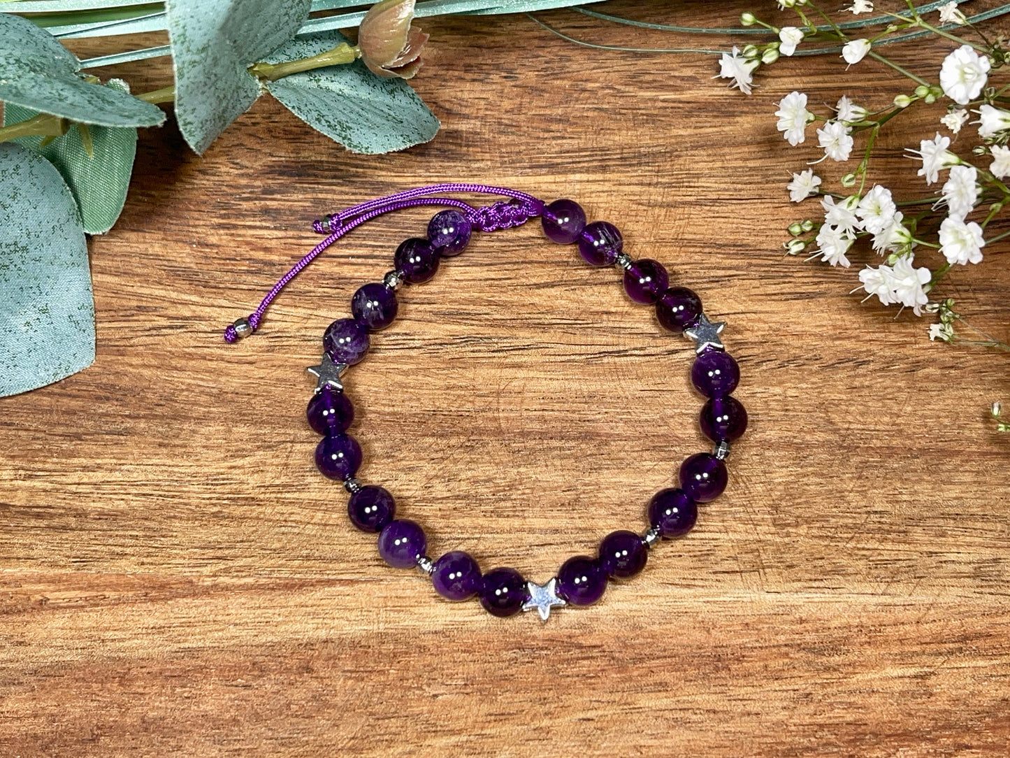 Perlenarmband Amethyst echter Naturstein Makramee - Sterne Facettenperlen platiniert - Geschenk Lieblingsmensch - verschiedene Edelsteine
